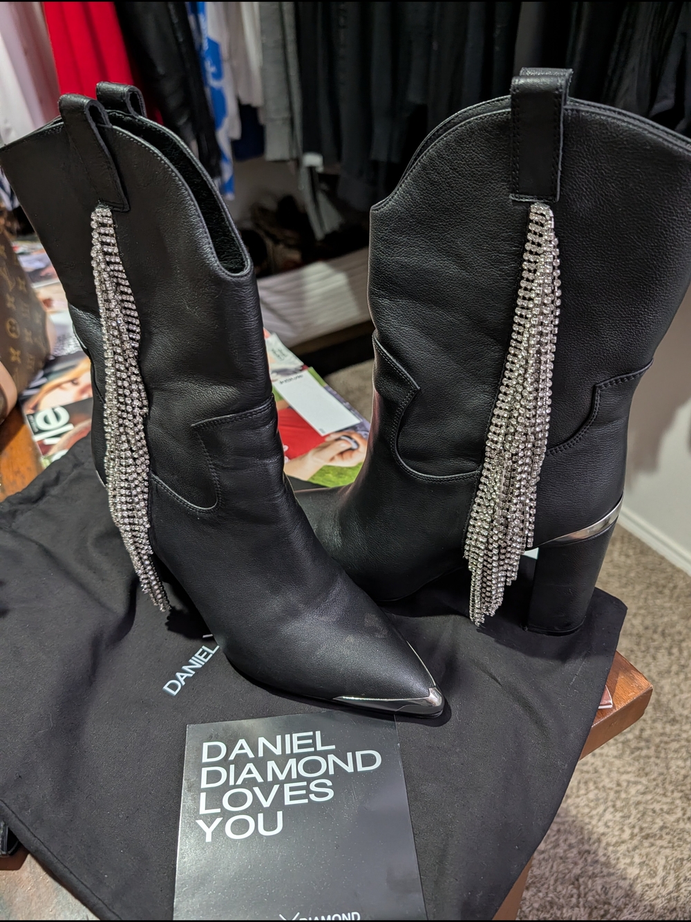 Daniel Diamond Black Leather Western Heeled Boots with Silver Tassel Rhinestones